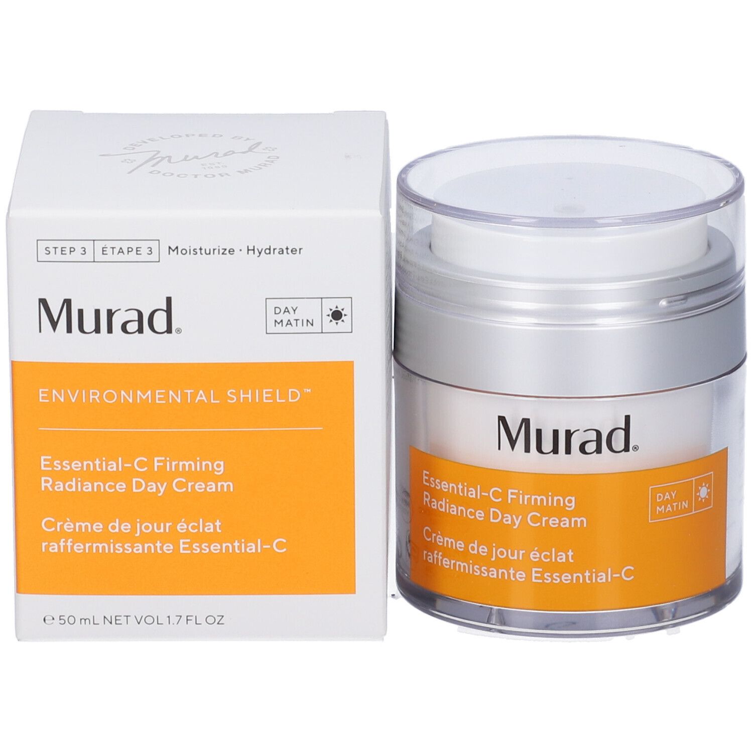 Vasetto e scatola. Etichetta con nome prodotto e marchio Murad. Crema giorno. Ecologico.