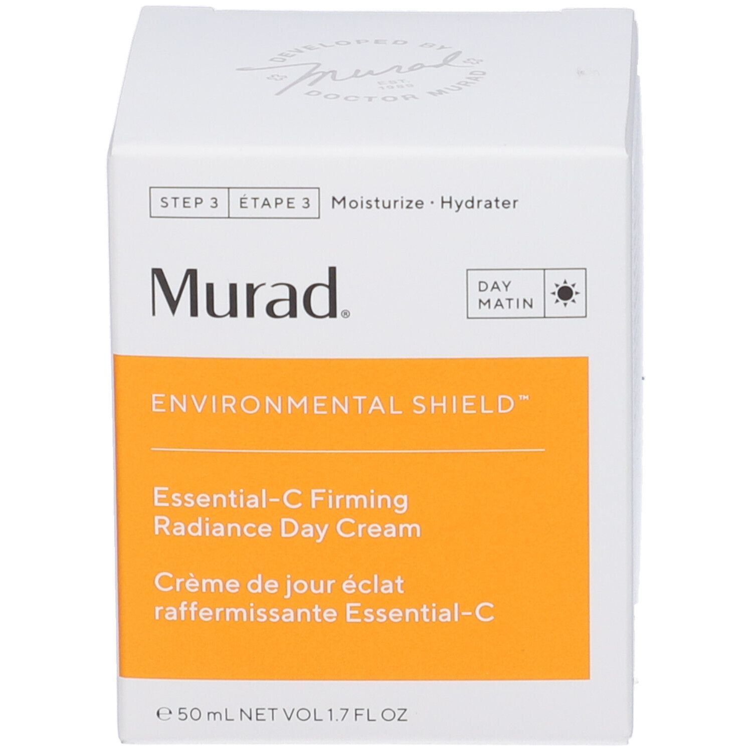 Scatola bianca con informazioni prodotto e marchio Murad. Crema giorno. Ecologico.