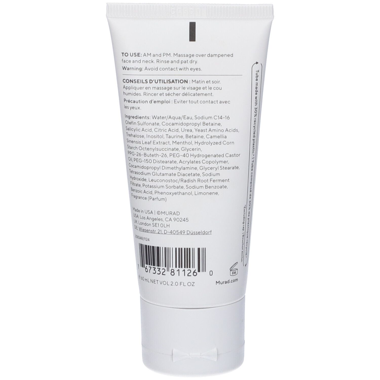 Retro del tubo bianco. Testo: istruzioni per l'uso, ingredienti, codice a barre, volume 2.0 FL OZ.