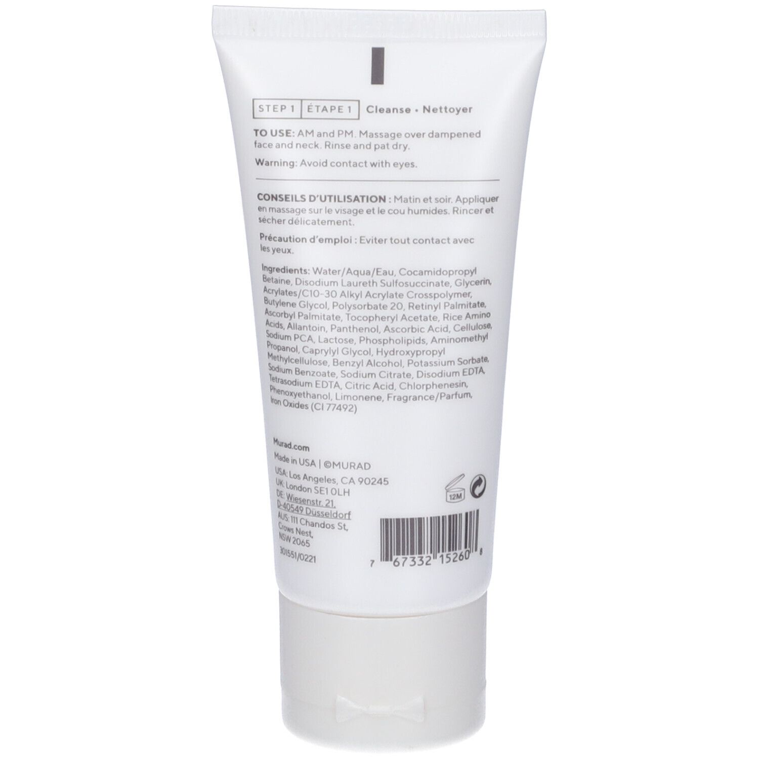 Retro del tubo bianco. Testo: STEP 1, CLEANSE, ingredienti, consigli d'uso, avvertenze, logo Murad.