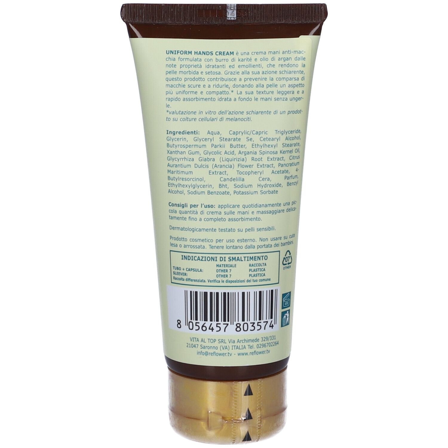 Retro del tubo crema Reflower Uniform Hands. Testo con ingredienti e istruzioni per l'uso. Codice a barre e simbolo di riciclaggio.