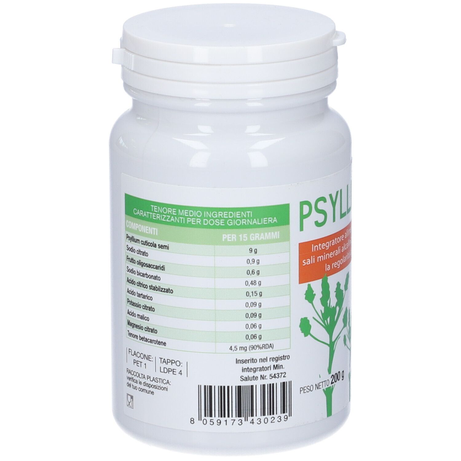 Retro del barattolo bianco. Etichette verdi con informazioni sugli ingredienti. Peso: 200 g.