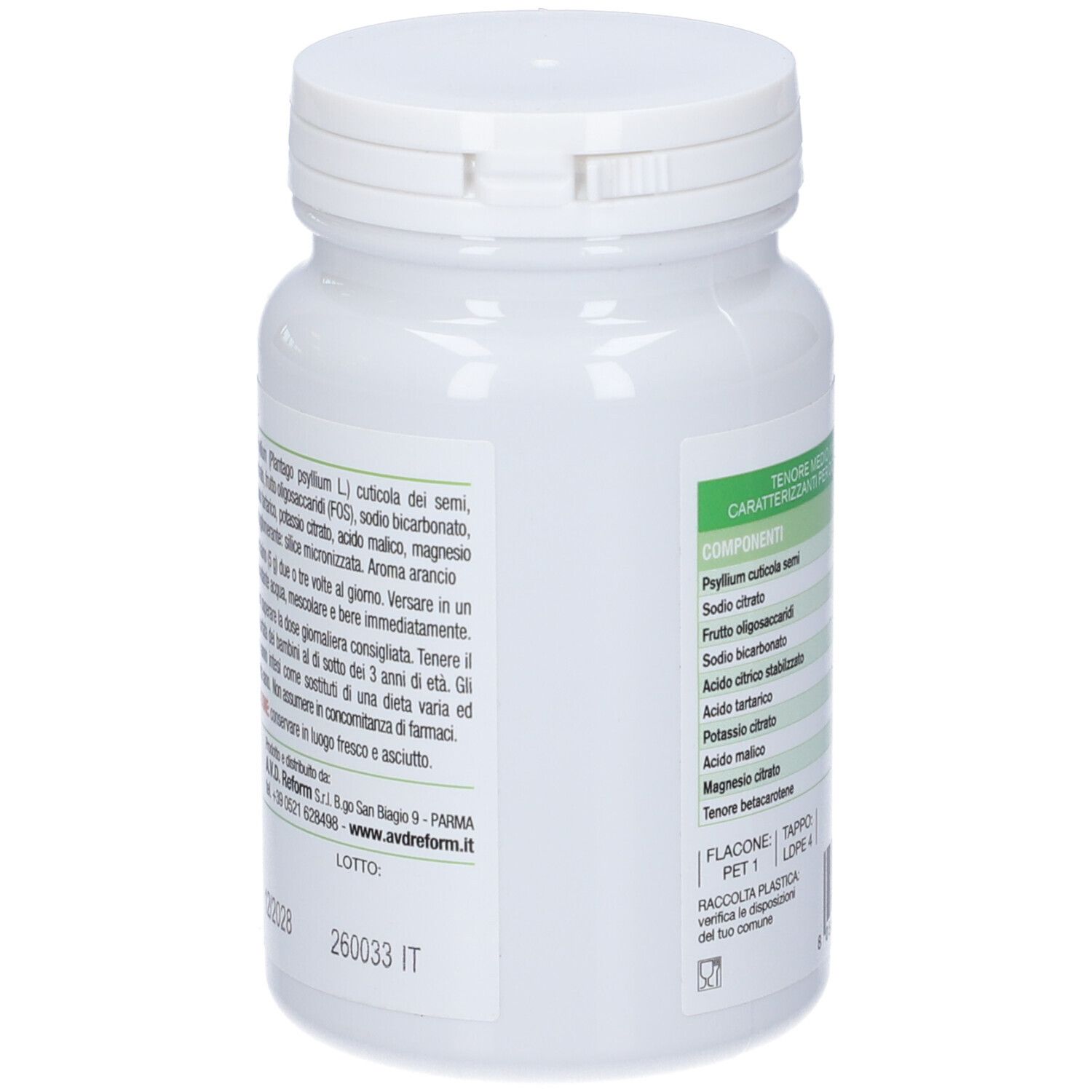 Barattolo bianco, vista laterale. Etichette verdi con testo. Informazioni del produttore.