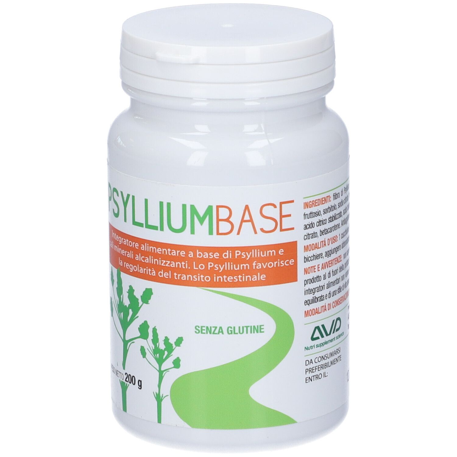 Barattolo bianco con etichetta verde. Scritta: PSYLLIUMBASE. Contiene 200 g. Senza glutine.