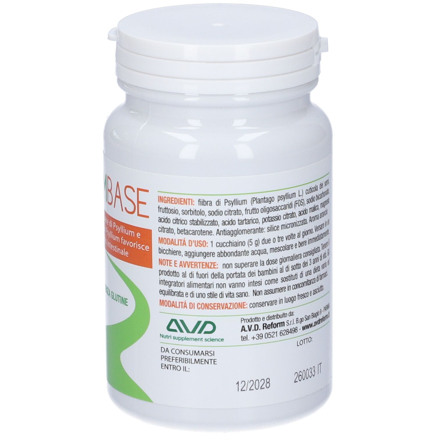 Barattolo bianco con etichetta verde. Scritta: PSYLLIUMBASE. Contiene 200 g. Scadenza: 12/2028.