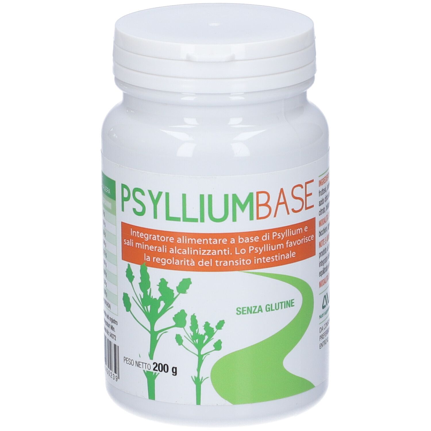 Barattolo bianco con etichetta verde. Scritta: PSYLLIUMBASE. Contiene 200 g. Senza glutine.