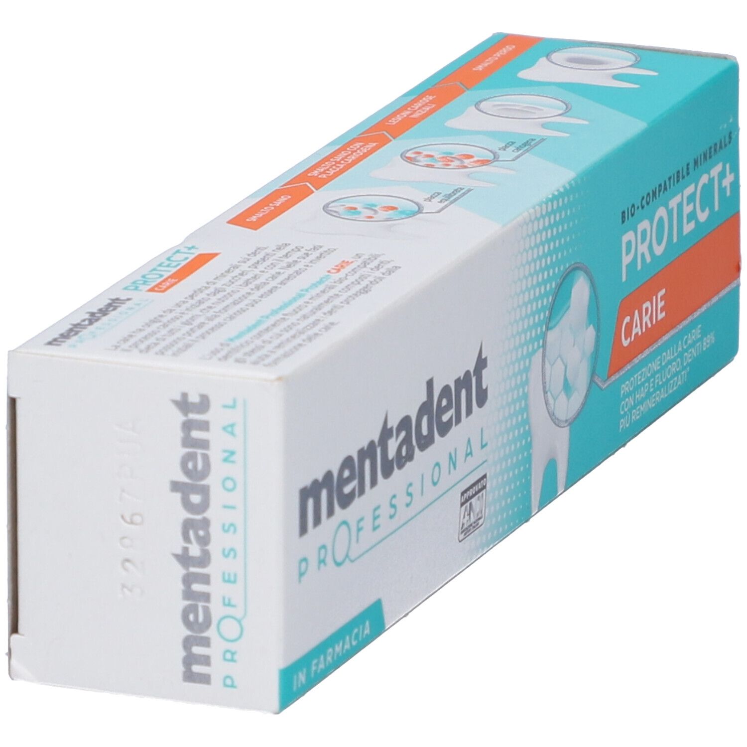 Confezione di dentifricio Mentadent Professional. Scatola bianca e blu con informazioni sul prodotto.