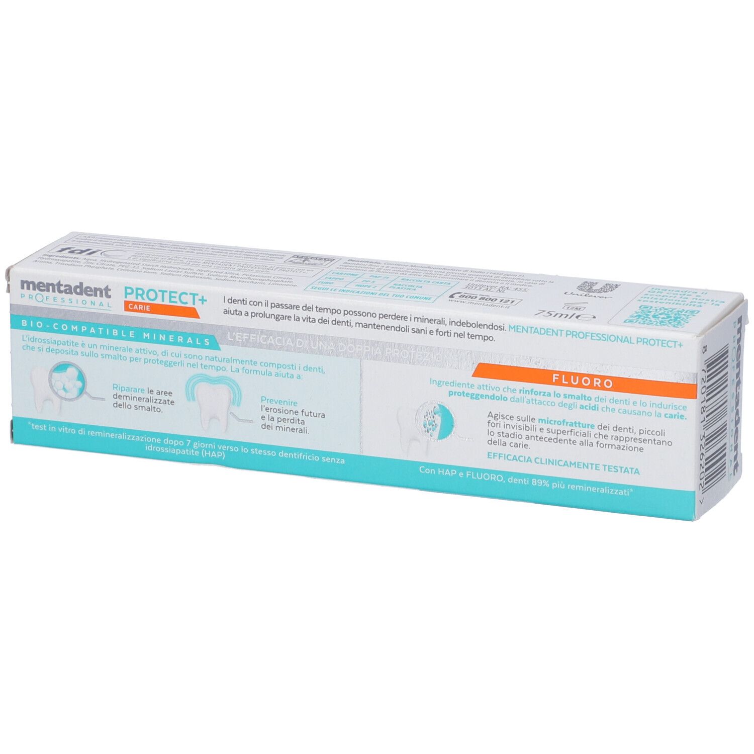 Retro della confezione di dentifricio Mentadent Professional Protect+ Carie. Testo e illustrazioni.