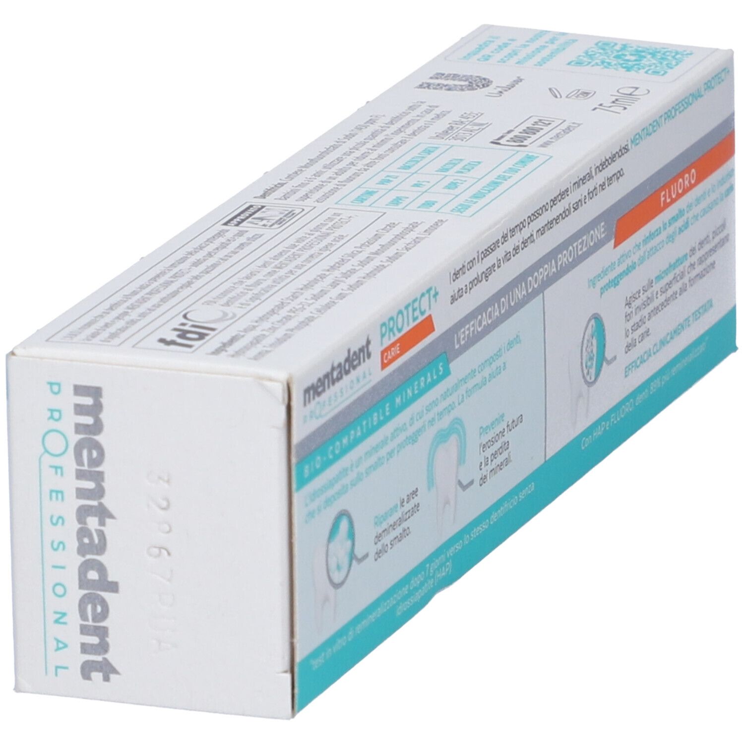 Retro della confezione di dentifricio Mentadent Professional Protect+ Carie. Testo e illustrazioni.