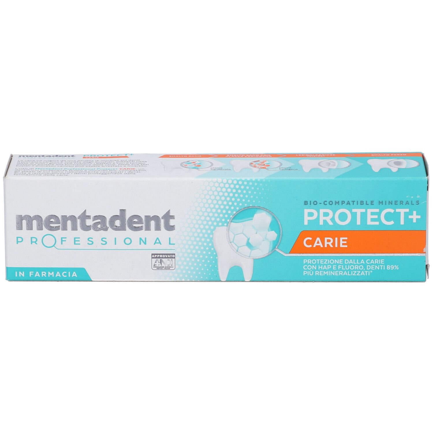 Confezione di dentifricio Mentadent Professional Protect+ Carie. Scatola bianca e blu con informazioni sul prodotto.