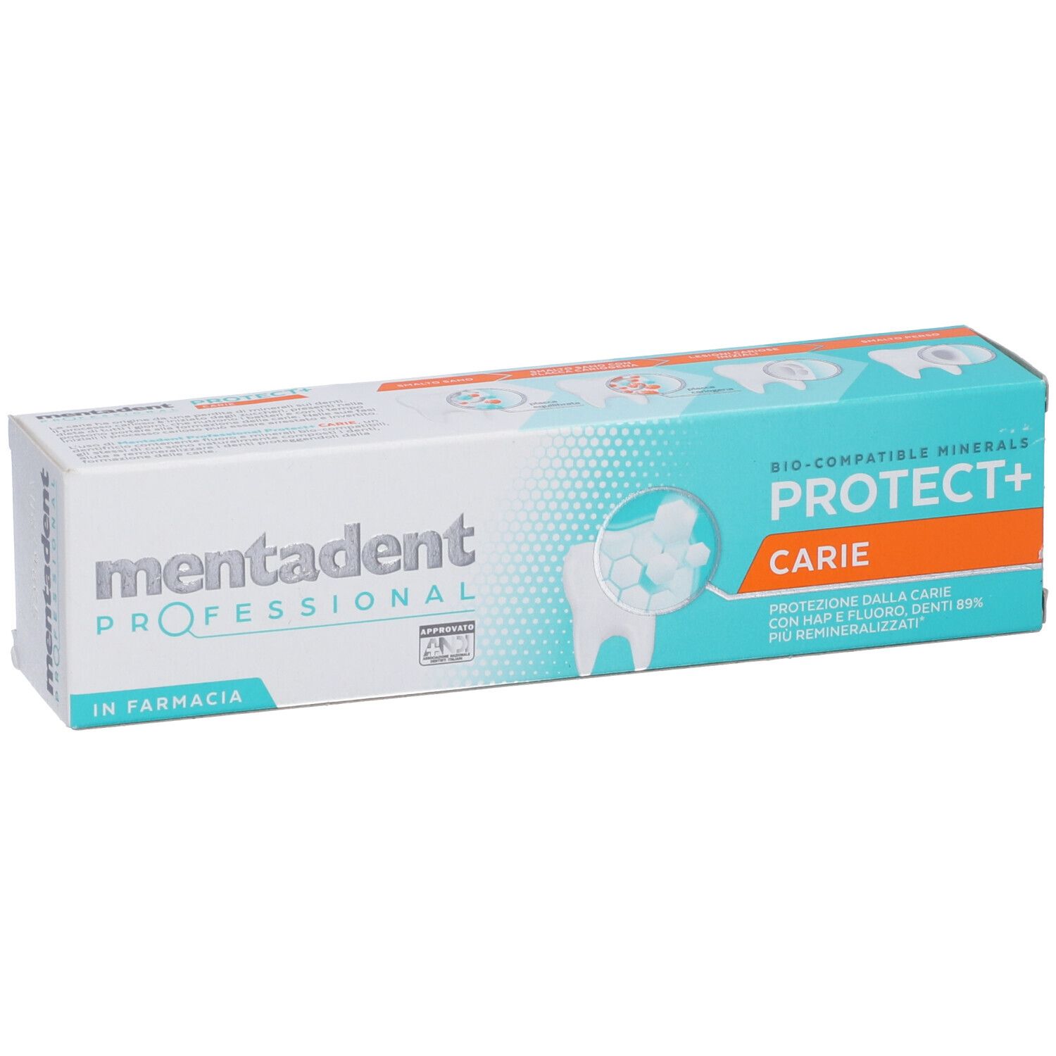 Confezione di dentifricio Mentadent Professional Protect+ Carie. Scatola bianca e blu con informazioni sul prodotto.