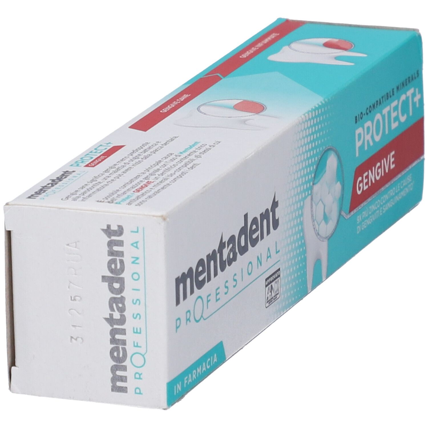 Confezione dentifricio Mentadent Professional Protect+ Gengive, vista laterale con informazioni sul prodotto.