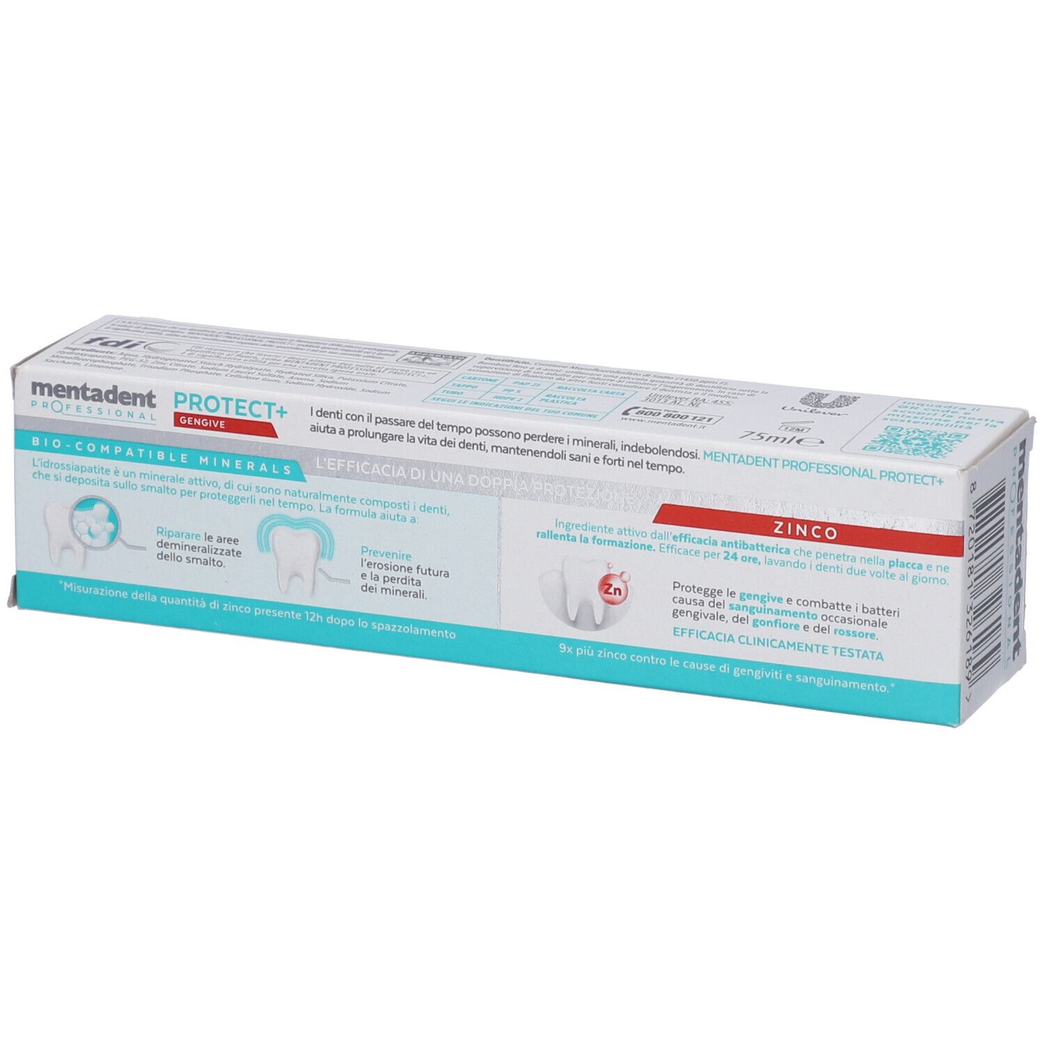 Confezione dentifricio Mentadent Professional Protect+ Gengive, retro con informazioni dettagliate.