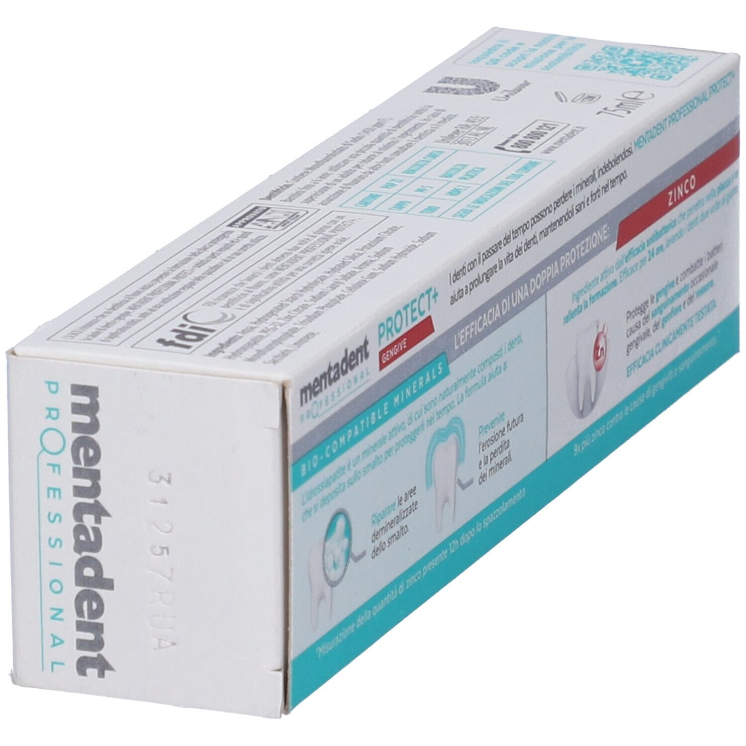 Confezione dentifricio Mentadent Professional Protect+ Gengive, vista obliqua con dettagli testuali.