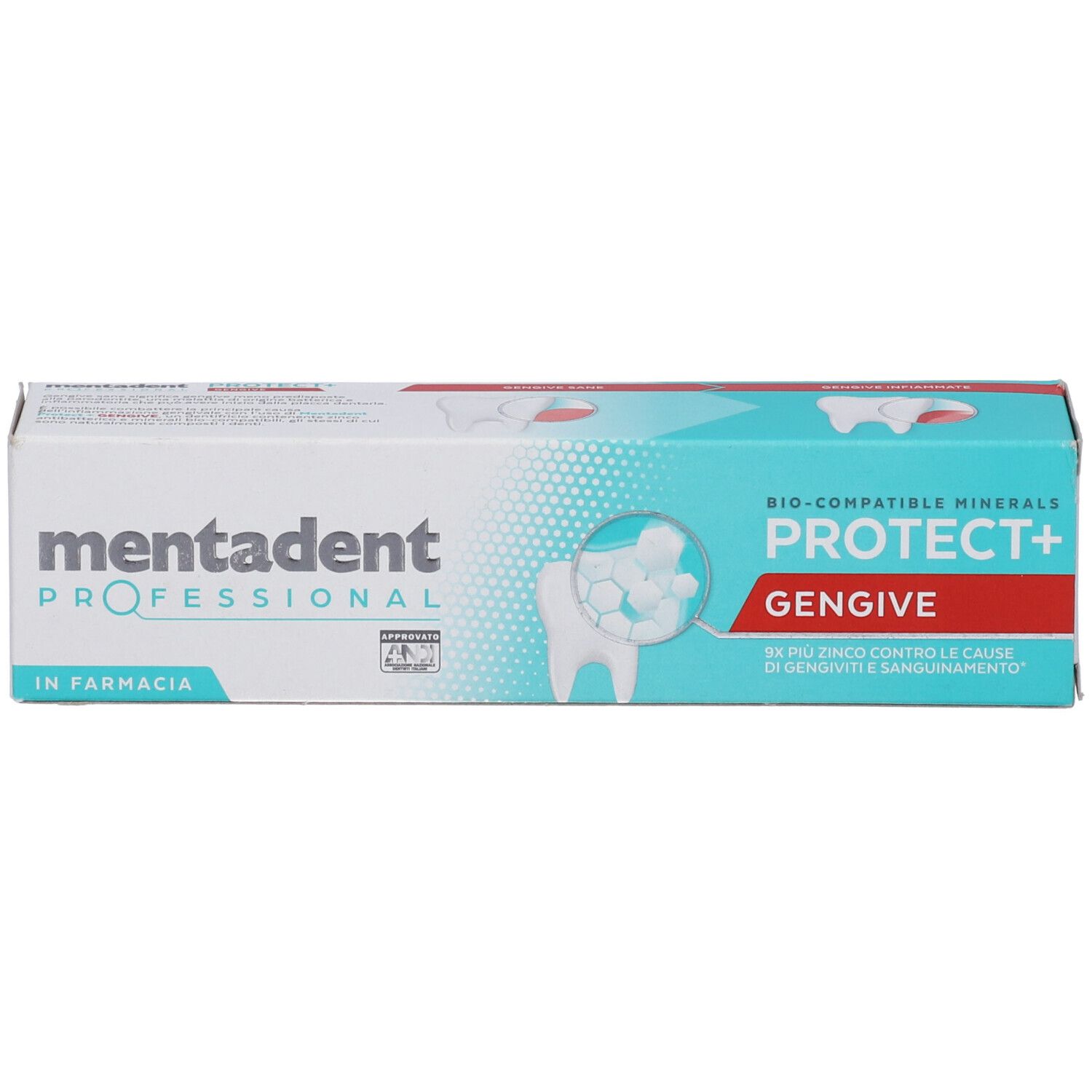 Confezione dentifricio Mentadent Professional Protect+ Gengive, fronte con grafiche di denti e minerali.