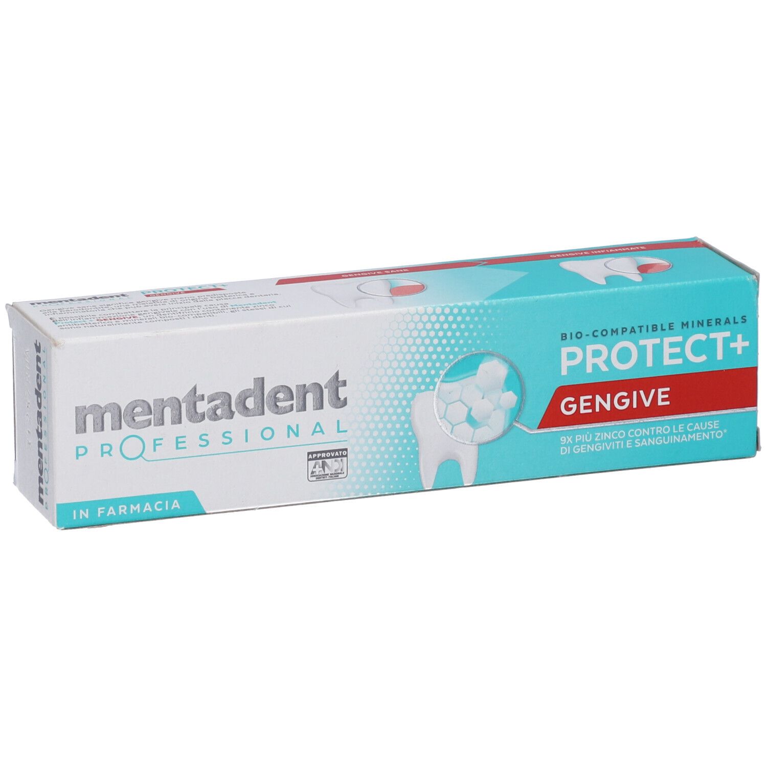 Confezione dentifricio Mentadent Professional Protect+ Gengive, fronte con grafiche di denti e minerali.