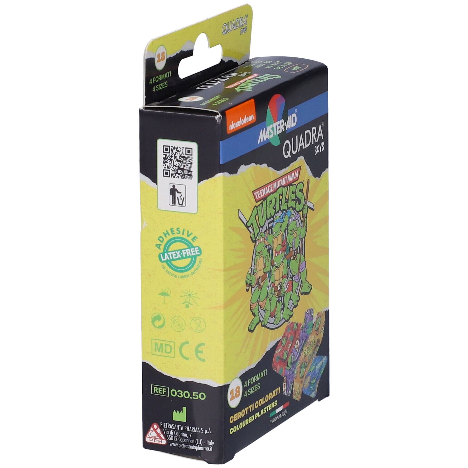 Scatola di cerotti Master-Aid Quadra Ragazzi con 18 cerotti colorati 4 formati.