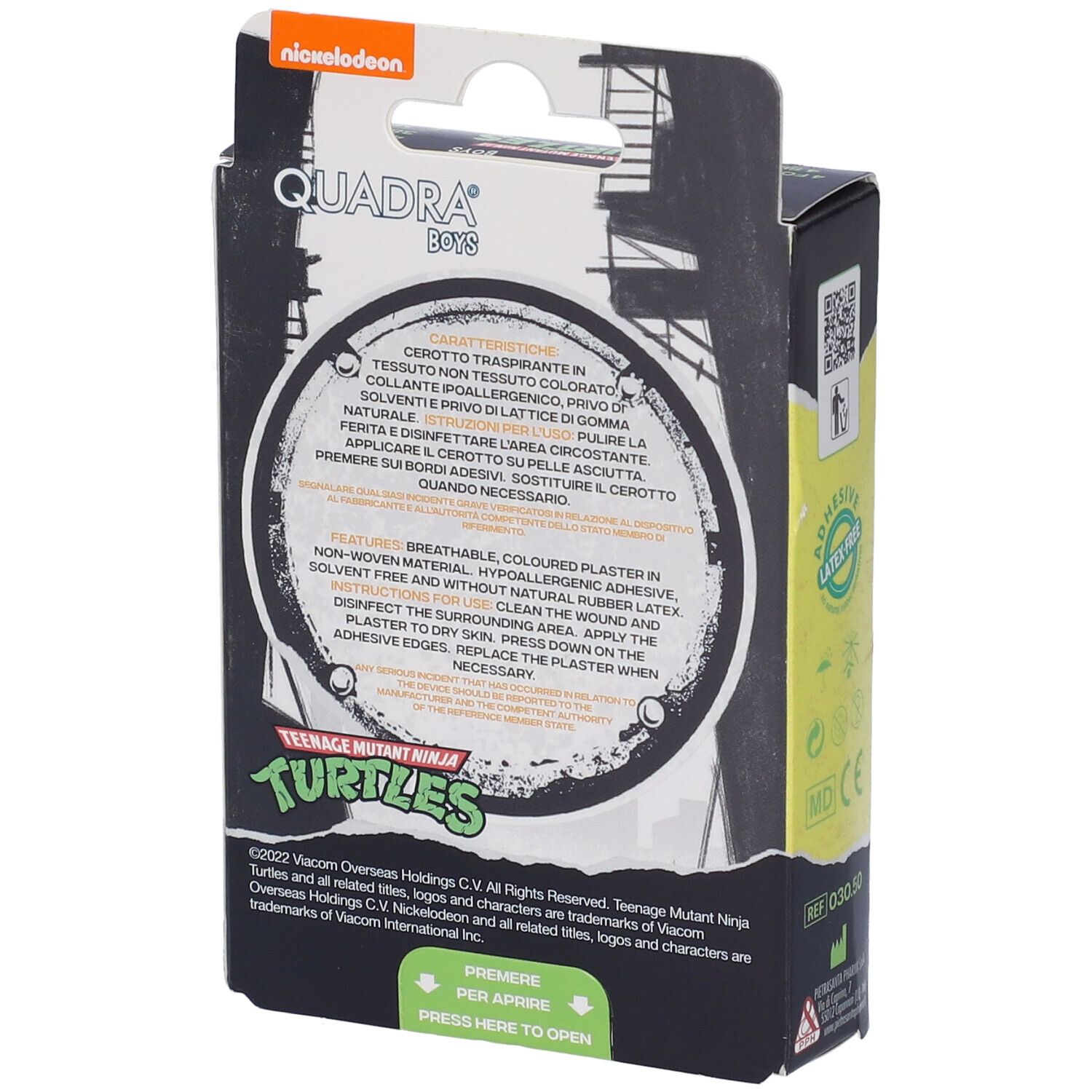 Scatola cerotti Quadra Boys Tartarughe Ninja. Cerotti colorati e traspiranti.