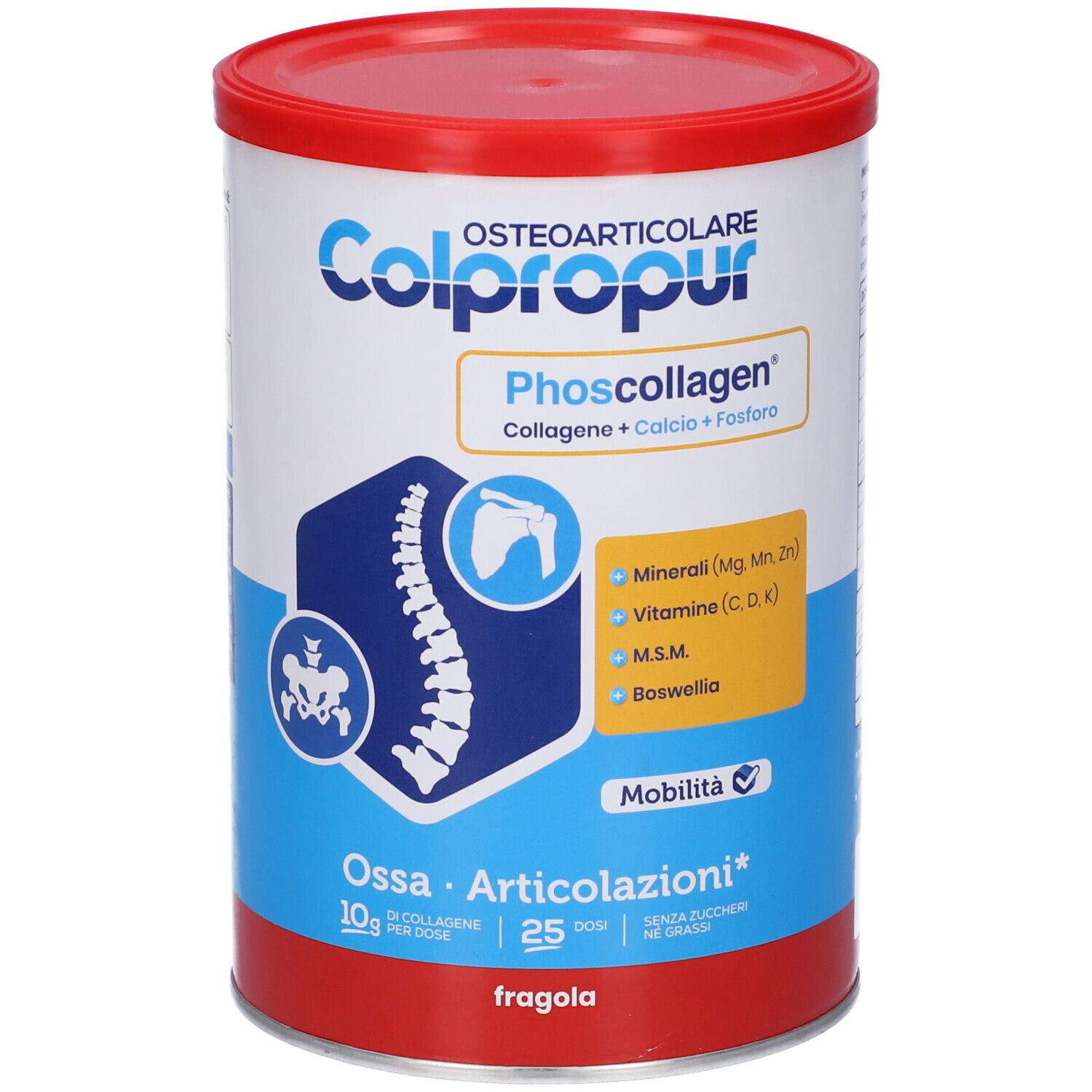 Barattolo con coperchio rosso. Scritta: Colpropur, Phoscollagen, ossa e articolazioni. Contiene collagene, calcio e fosforo.