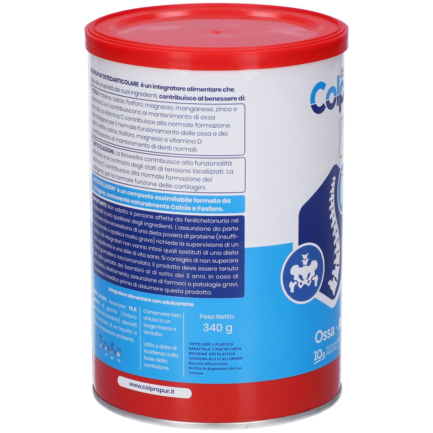 Barattolo rotondo con coperchio rosso. Testo: Colpropur, Phoscollagen. Retro con testo su ingredienti e valori nutrizionali.