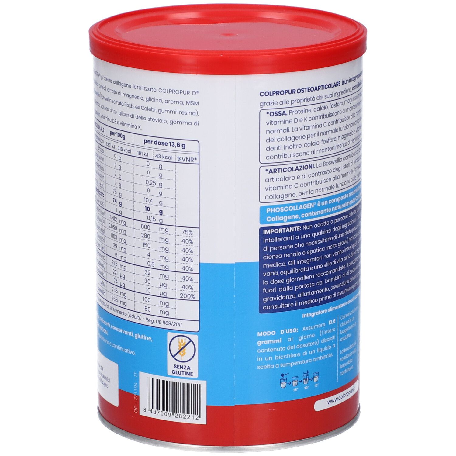 Barattolo rotondo con coperchio rosso. Testo: Colpropur, Phoscollagen. Retro con testo su ingredienti e valori nutrizionali.