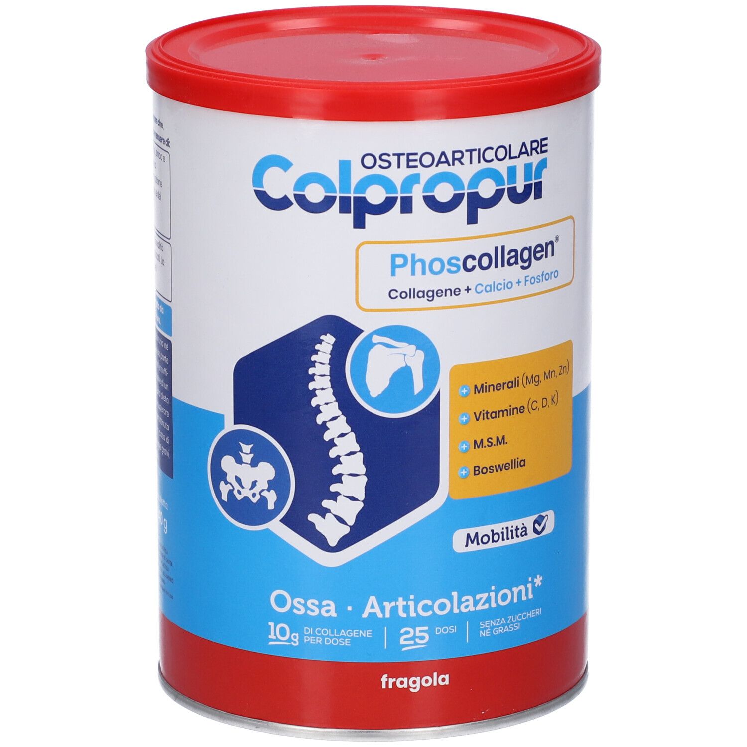 Barattolo con coperchio rosso. Scritta: Colpropur, Phoscollagen, ossa e articolazioni. Contiene collagene, calcio e fosforo.