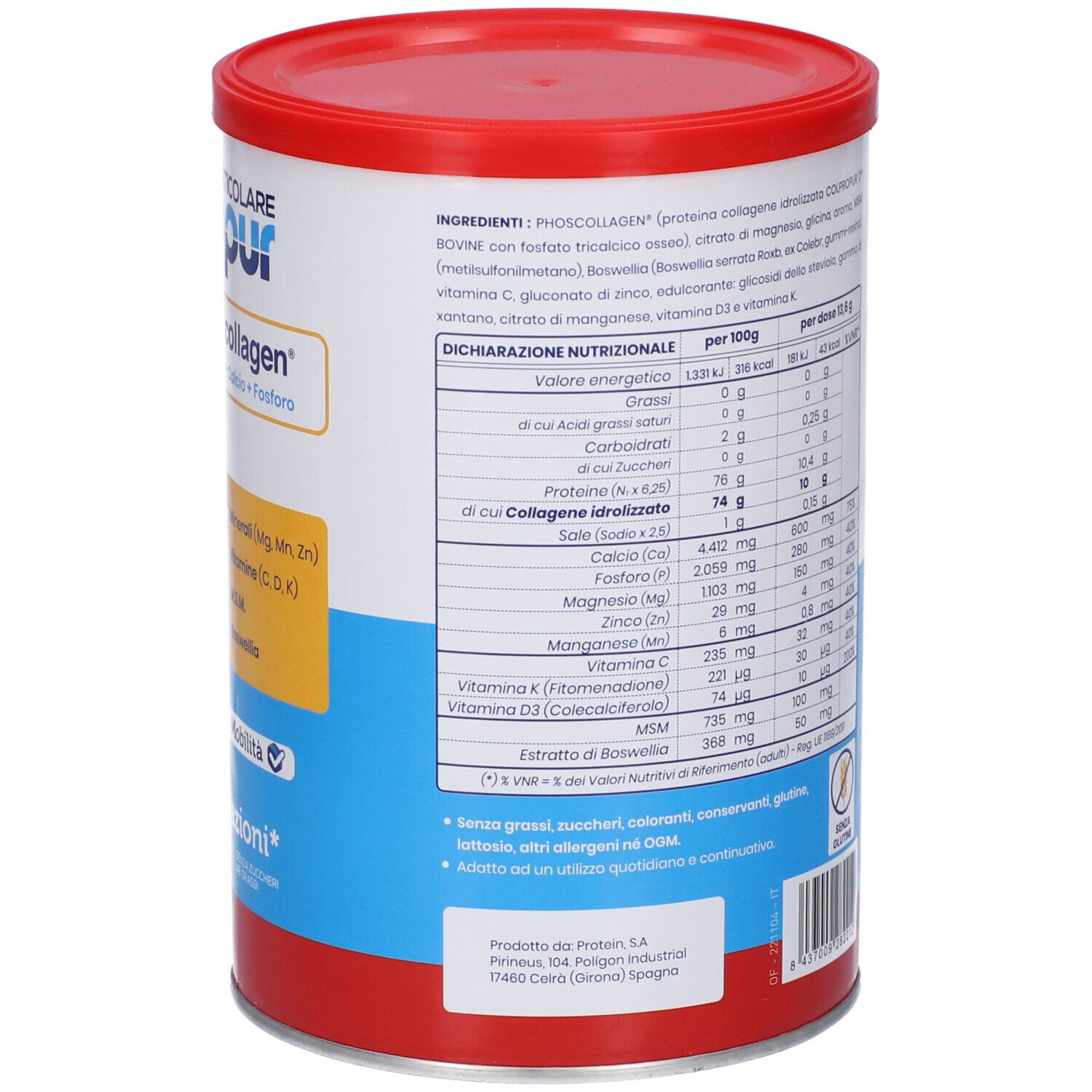 Barattolo rotondo con coperchio rosso. Testo: Colpropur, Phoscollagen. Retro con testo su ingredienti e valori nutrizionali.