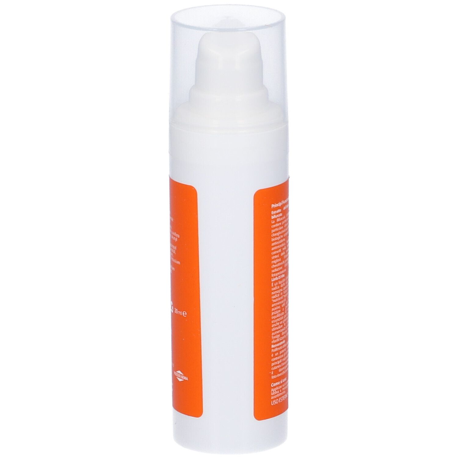 Flacone bianco con etichetta arancione. Testo con ingredienti e altre informazioni. Coperchio trasparente.