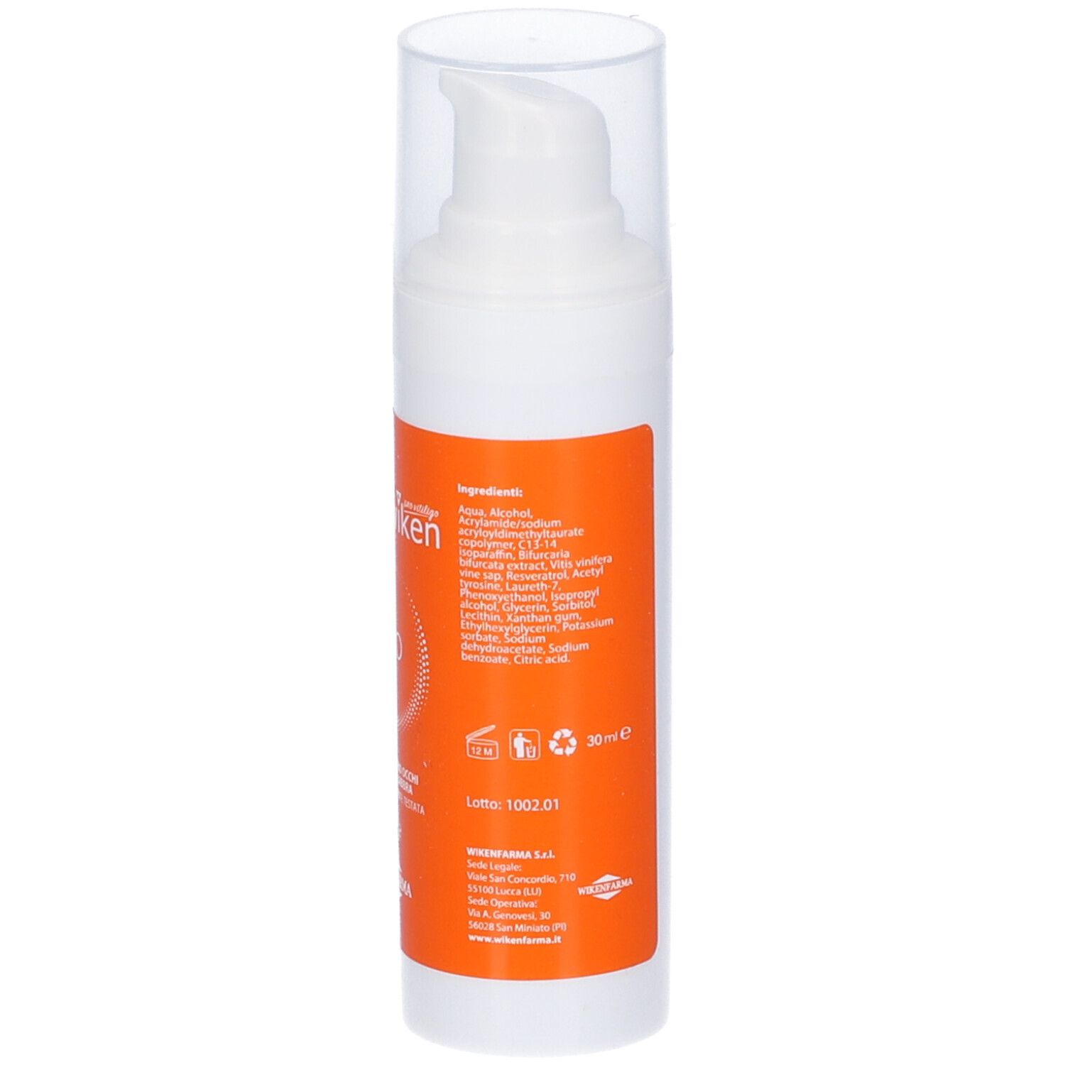 Flacone bianco con etichetta arancione. Testo con ingredienti e altre informazioni. Coperchio trasparente.