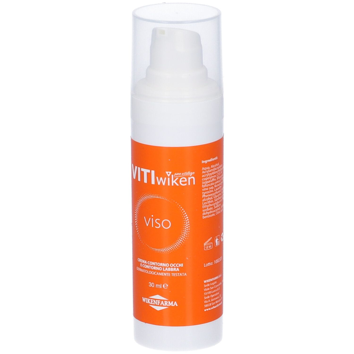 Flacone bianco con etichetta arancione. Scritta: VITIwiken viso. Crema contorno occhi e labbra. 30 ml.