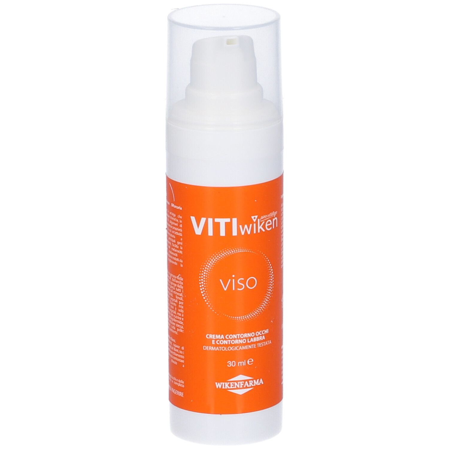 Flacone bianco con etichetta arancione. Scritta: VITIwiken viso. Crema contorno occhi e labbra. 30 ml.