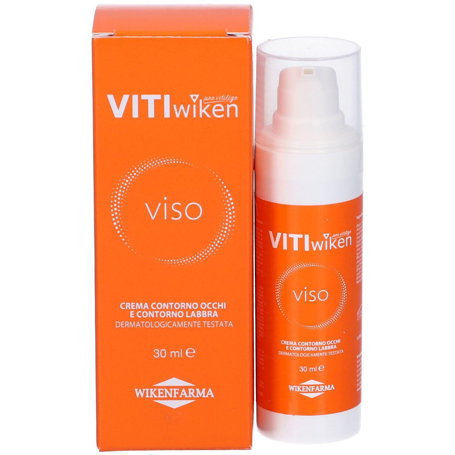 Prodotto e confezione. Flacone bianco con confezione arancione. Scritta: VITIwiken viso. 30 ml.