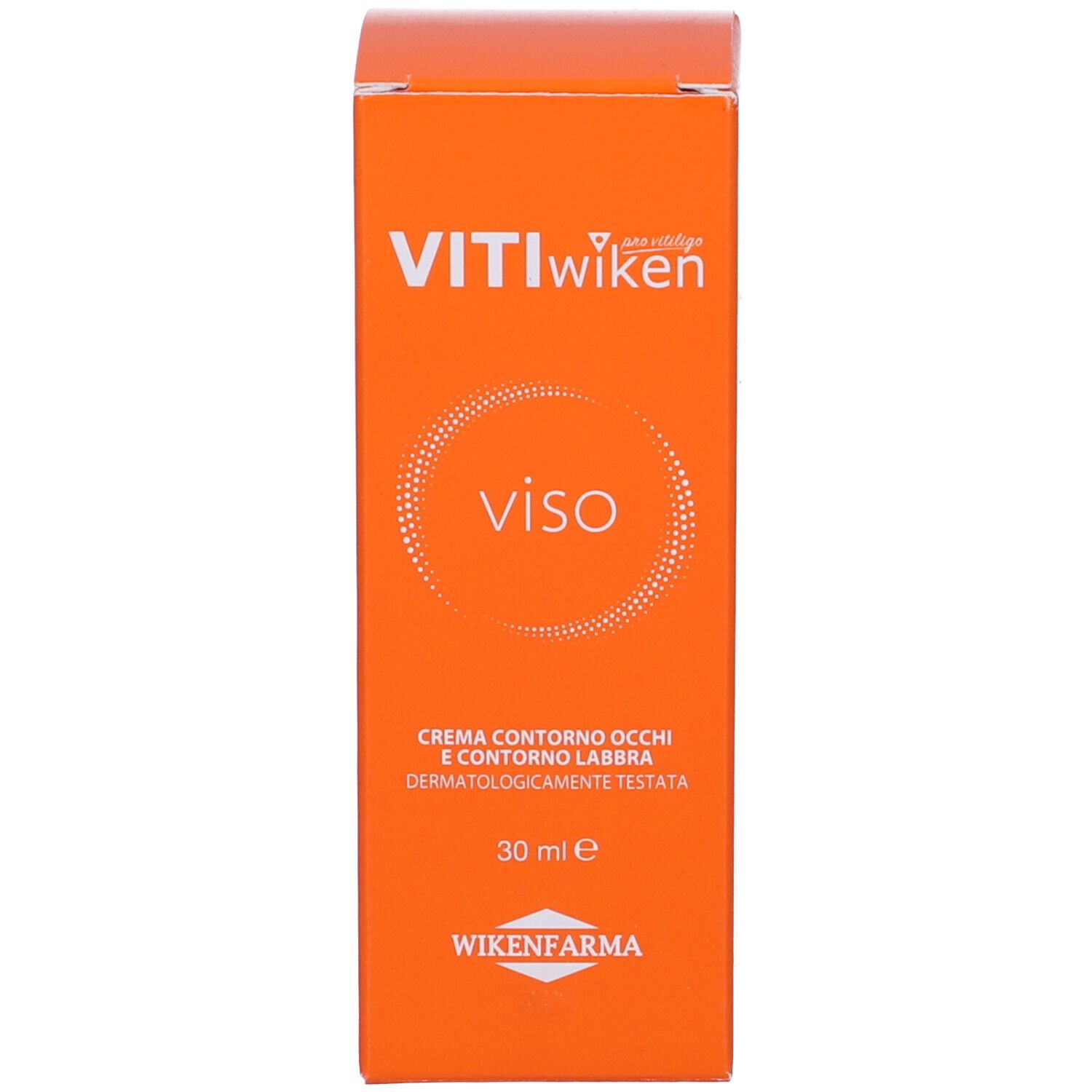 Confezione arancione. Scritta: VITIwiken viso. Crema contorno occhi e labbra. 30 ml.