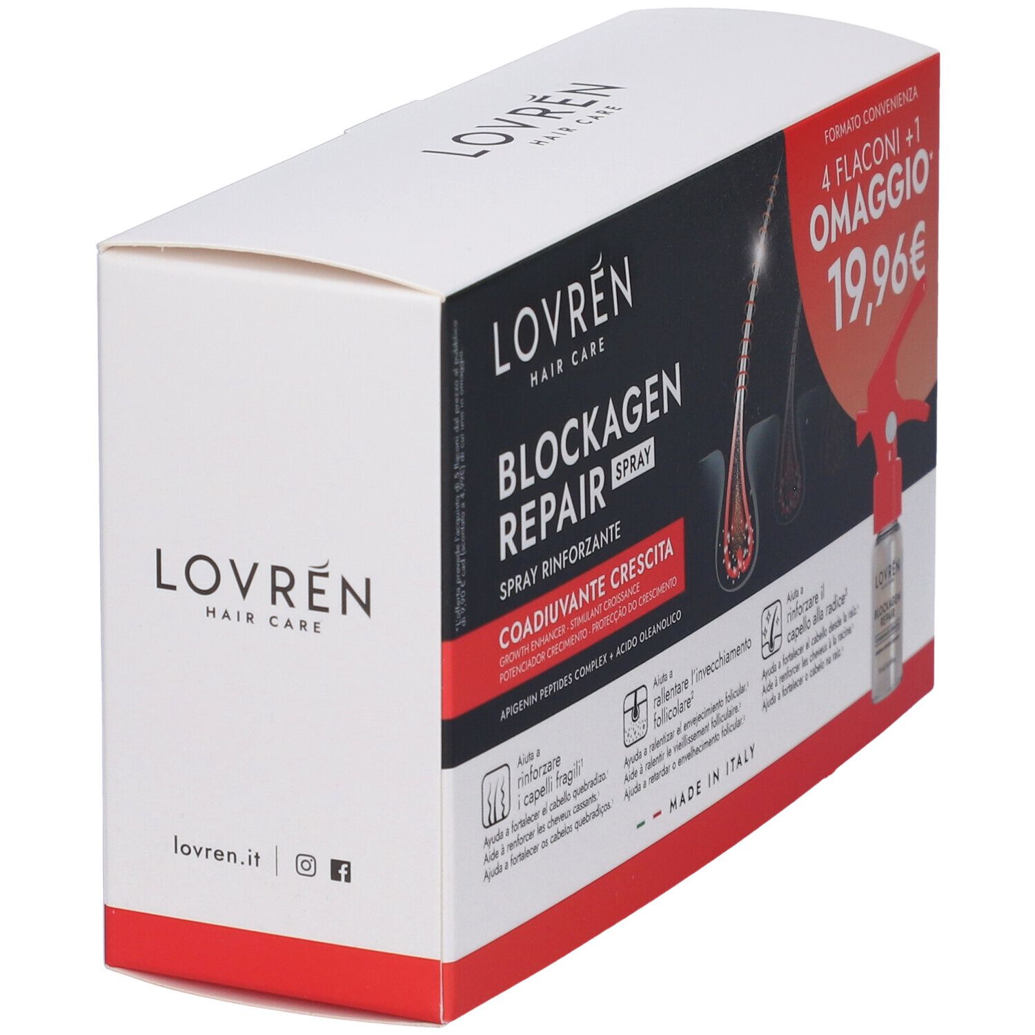 Vista angolata della confezione Lovren Hair Blockagen Repair Spray. Confezione rossa e bianca con informazioni.