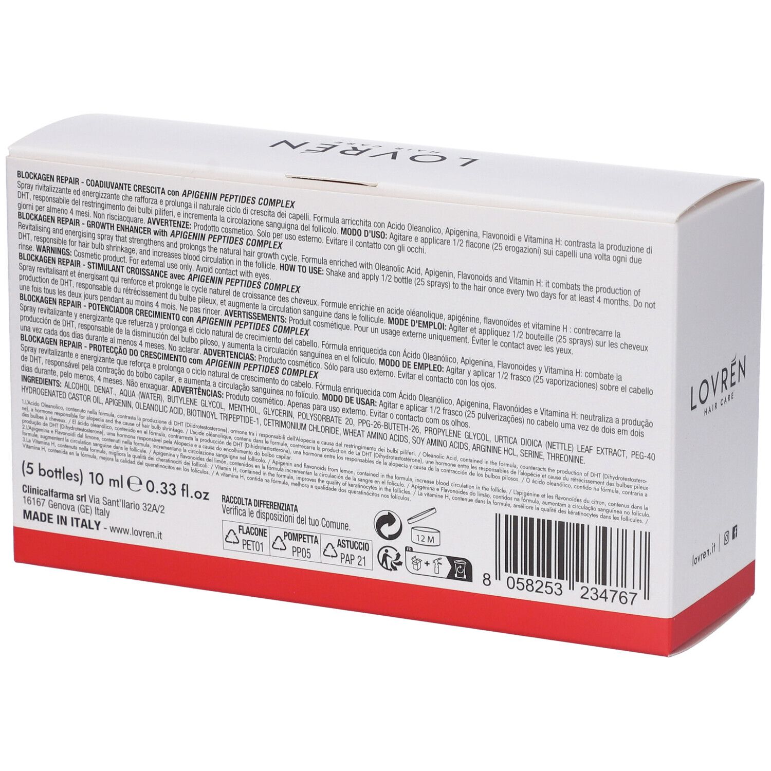 Retro della confezione Lovren Hair Blockagen Repair Spray. Contiene informazioni e ingredienti.