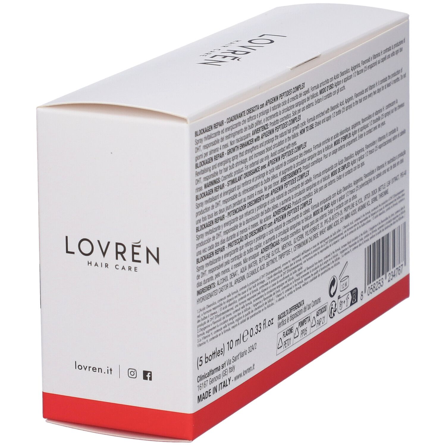 Vista angolata del retro della confezione Lovren Hair Blockagen Repair Spray. Testo e informazioni.