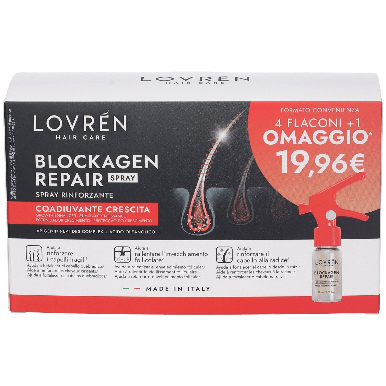 Confezione Lovren Hair Blockagen Repair Spray. Contiene 4 flaconi + 1 omaggio. Confezione rossa e bianca con informazioni.
