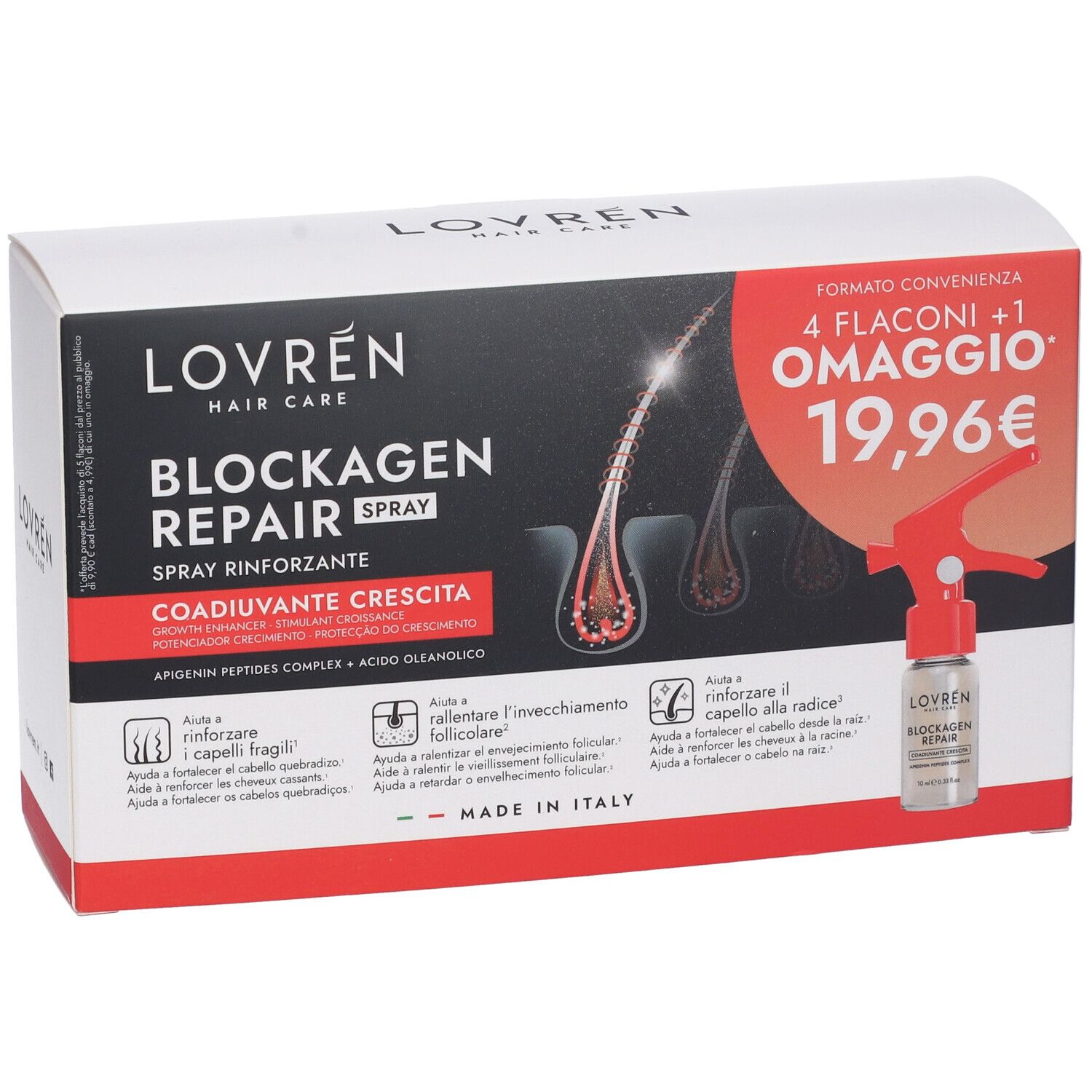 Confezione Lovren Hair Blockagen Repair Spray. Contiene 4 flaconi + 1 omaggio. Confezione rossa e bianca con informazioni.