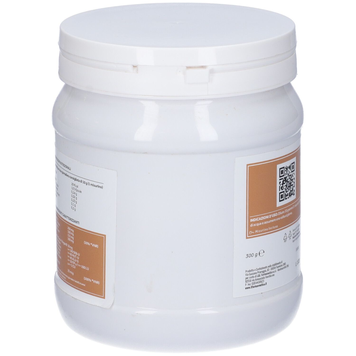 Barattolo bianco con etichetta marrone. Scritta: PSI PROTO Cacao. Contiene informazioni nutrizionali e codice QR. 300g.