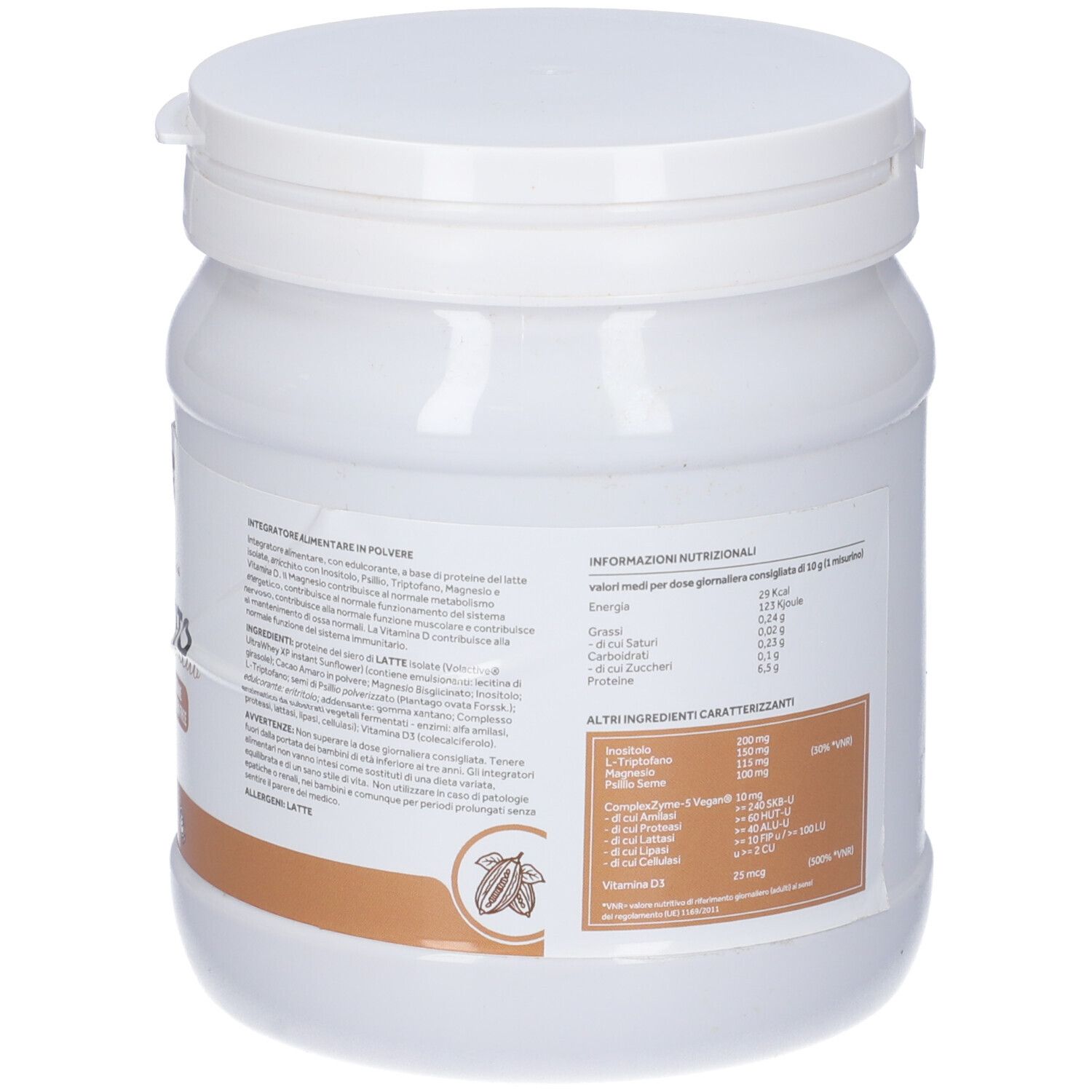 Barattolo bianco con etichetta marrone. Scritta: PSI PROTO Cacao. Contiene informazioni nutrizionali e ingredienti. 300g.