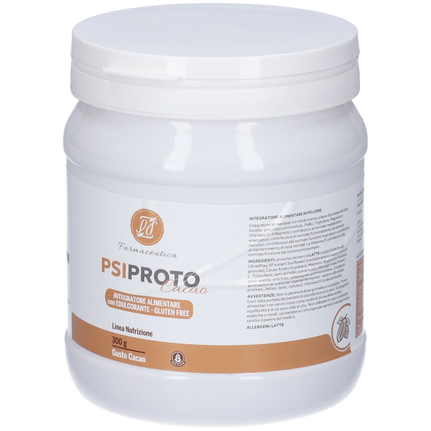 Barattolo bianco con etichetta marrone. Scritta: PSI PROTO Cacao, Integratore alimentare, 300g, Gusto Cacao. Senza glutine.