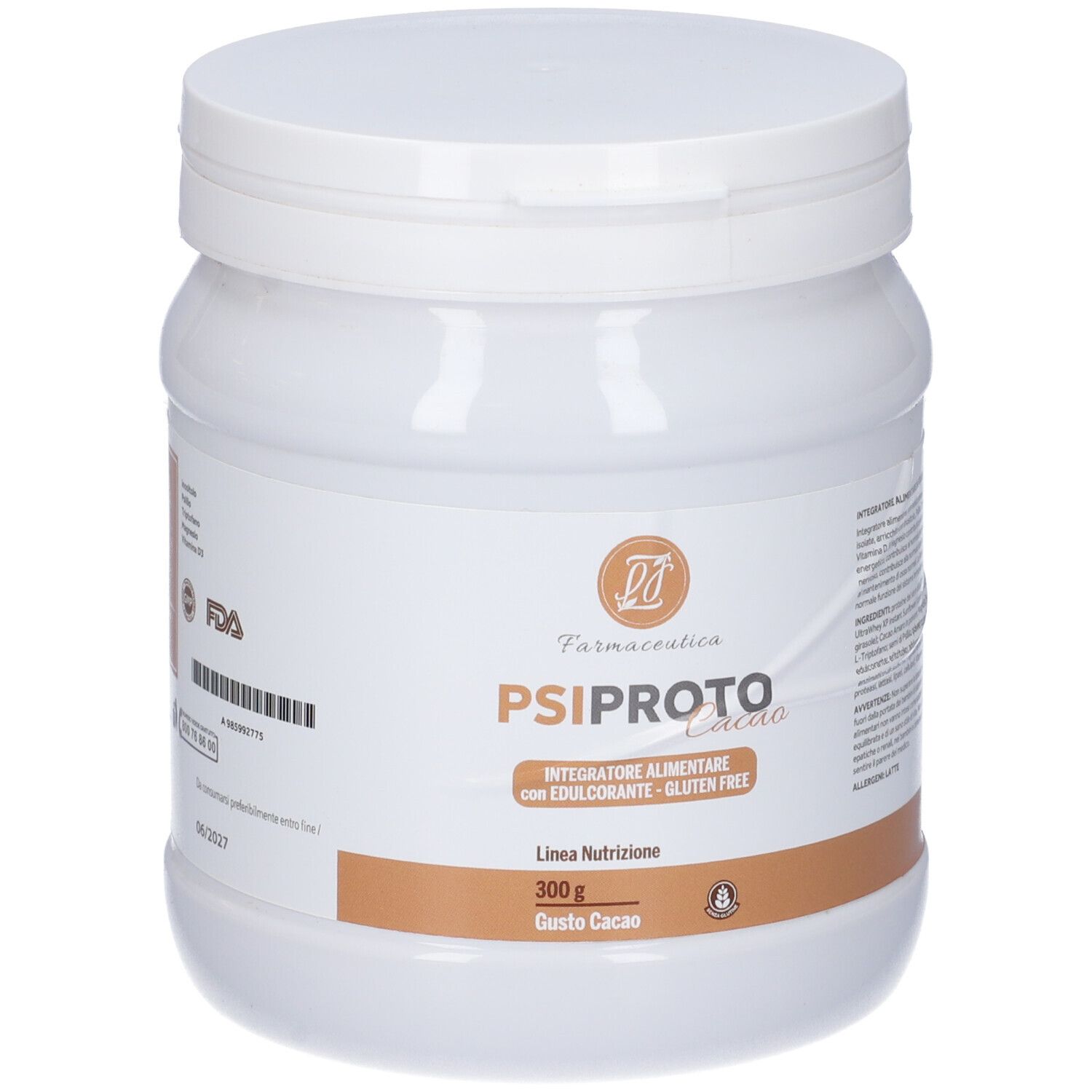 Barattolo bianco con etichetta marrone. Scritta: PSI PROTO Cacao, Integratore alimentare, 300g, Gusto Cacao. Senza glutine. Logo FDA.