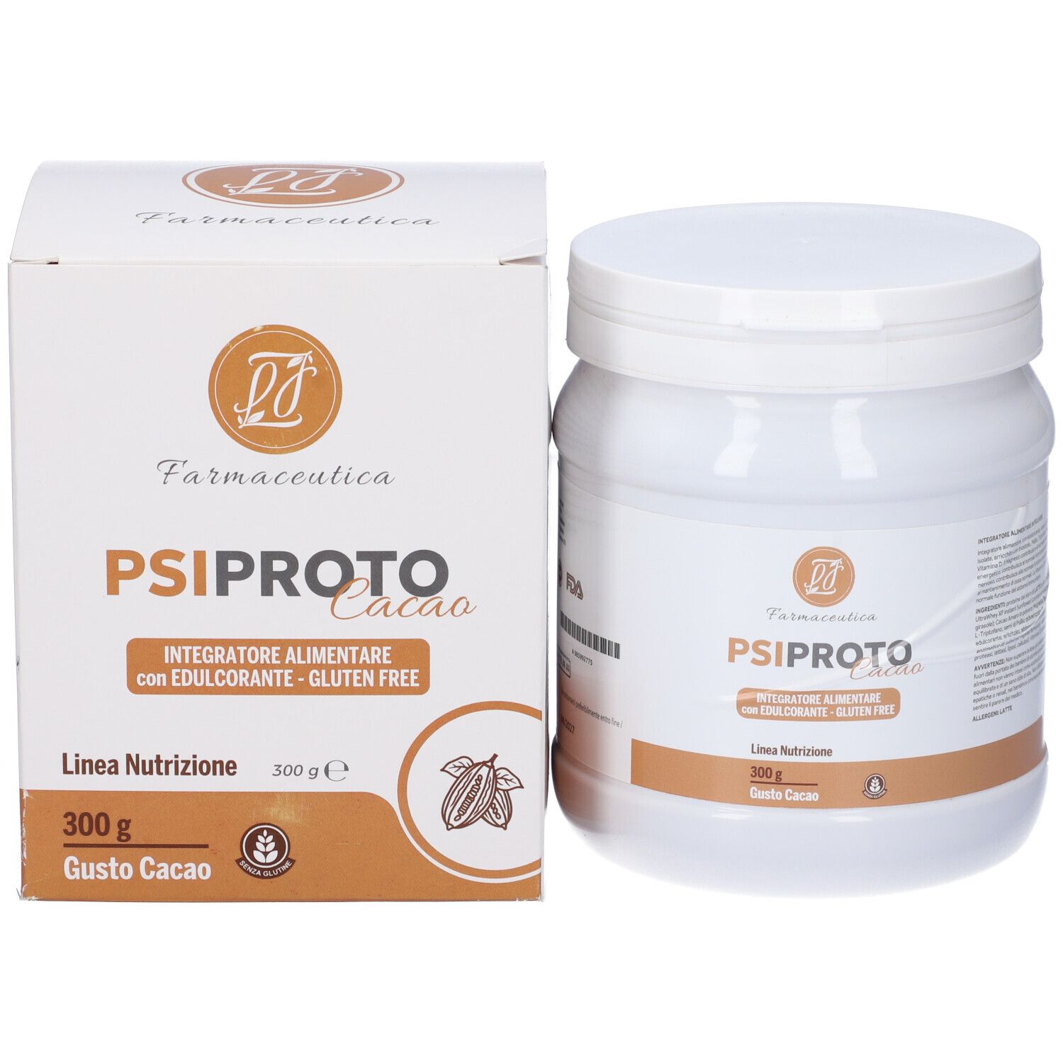 Barattolo e scatola bianchi. Scritta: PSI PROTO Cacao, Integratore alimentare, 300g, Gusto Cacao. Senza glutine.