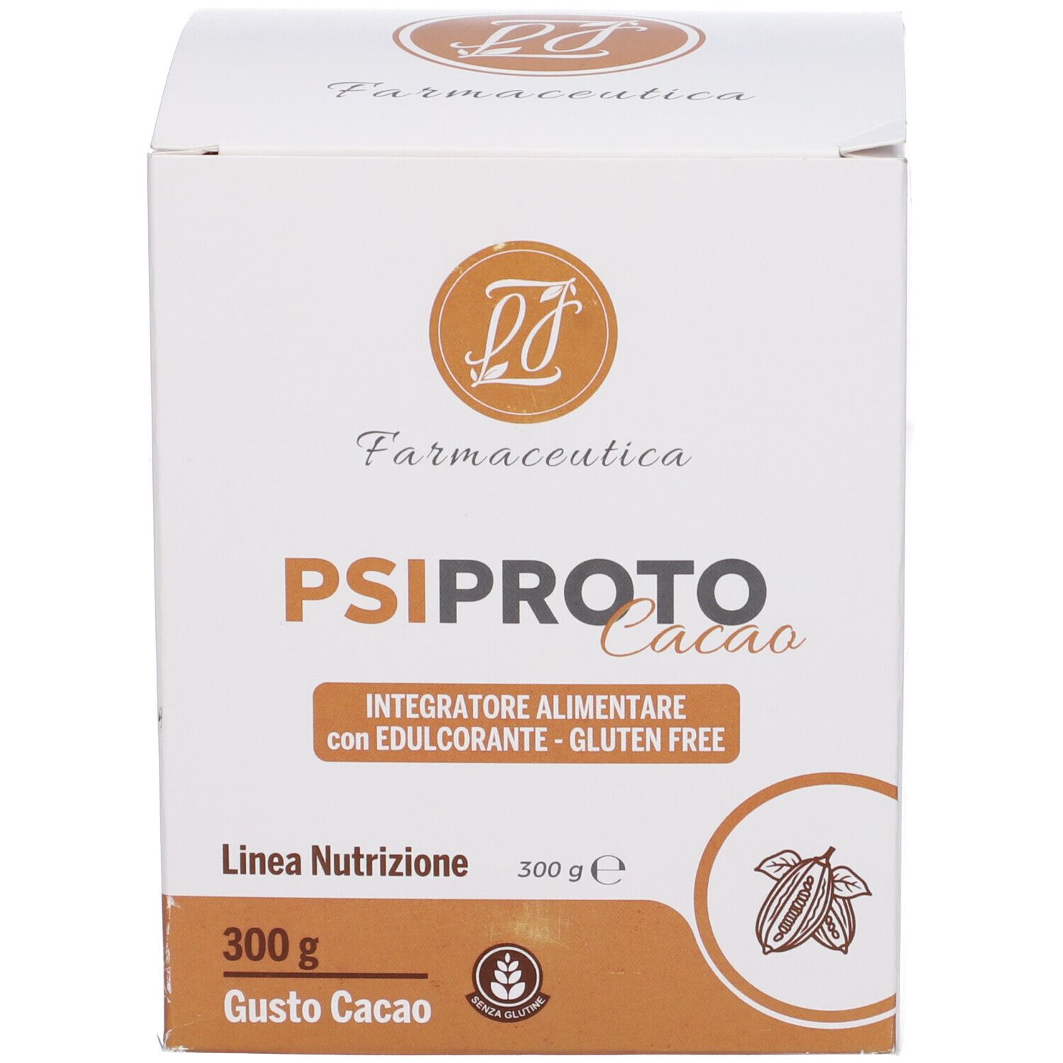Scatola bianca. Scritta: PSI PROTO Cacao, Integratore alimentare, 300g, Gusto Cacao. Senza glutine.