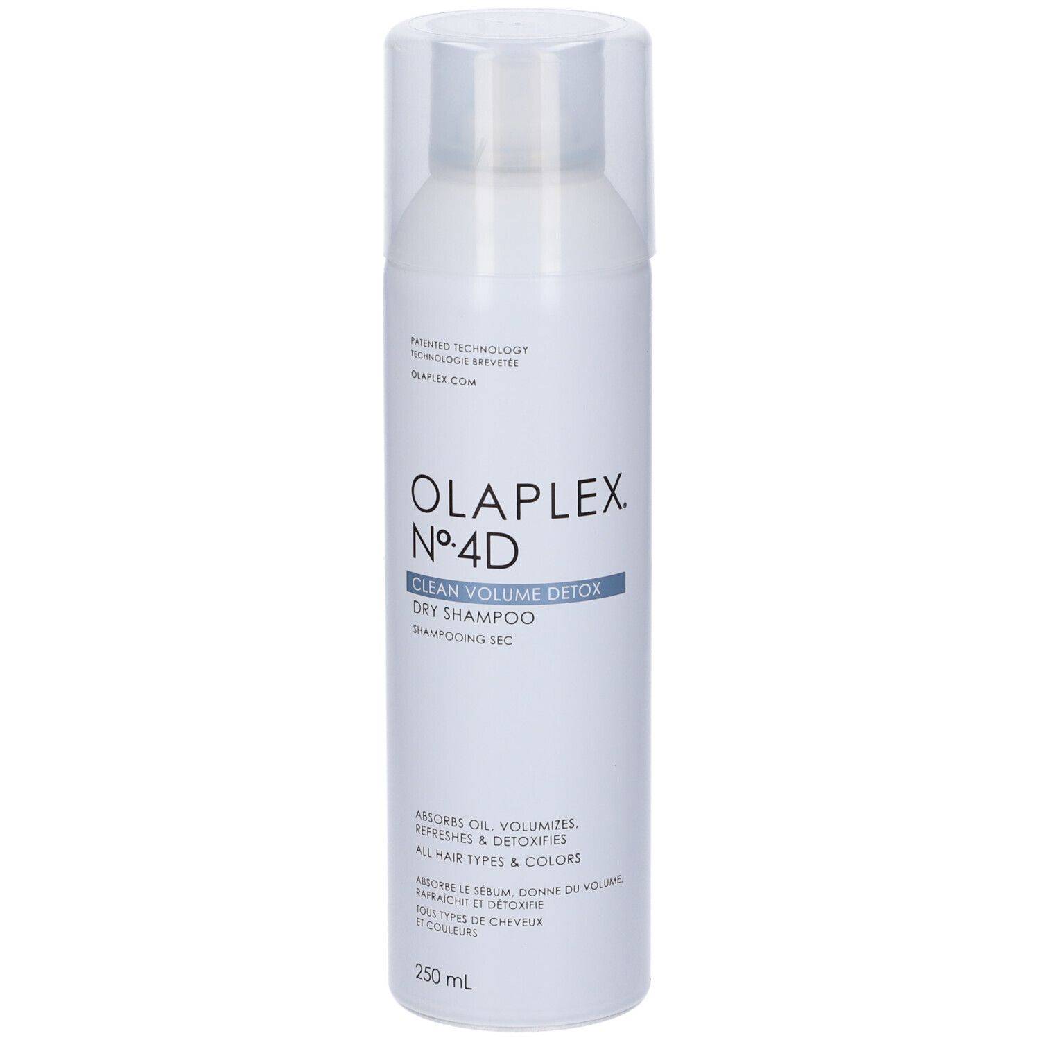 Flacone spray bianco con tappo trasparente. Scritta: OLAPLEX Nº4D CLEAN VOLUME DETOX Dry Shampoo. 250 ml.