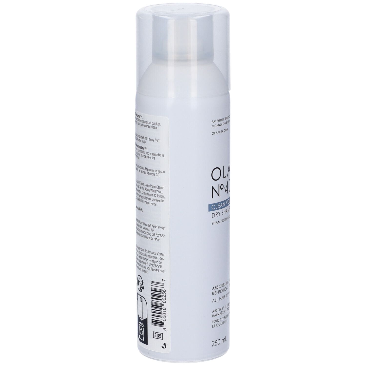 Flacone spray bianco con tappo trasparente. Testo sul retro. OLAPLEX Nº4D CLEAN VOLUME DETOX Dry Shampoo.