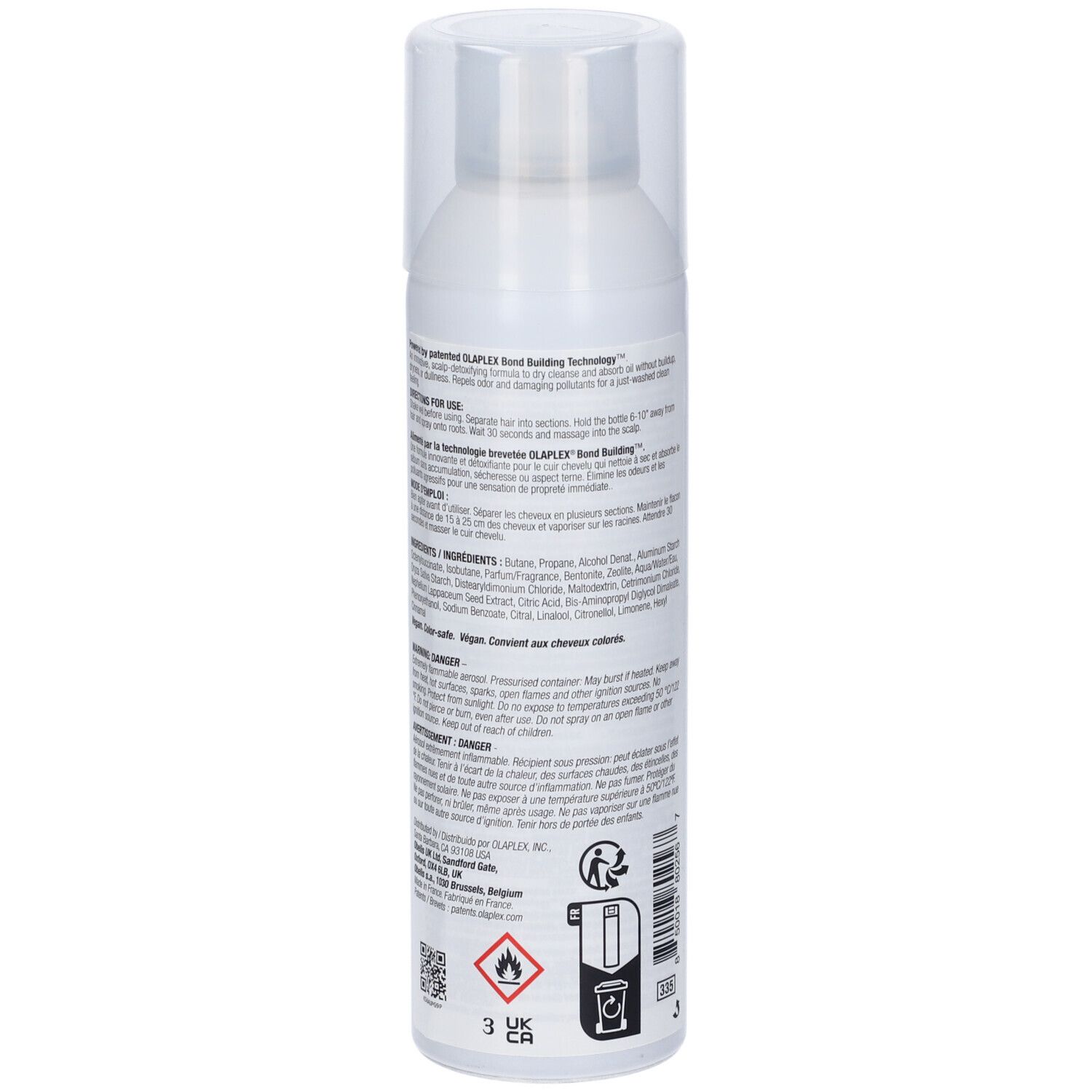 Flacone spray bianco con tappo trasparente. Testo sul retro. OLAPLEX Nº4D CLEAN VOLUME DETOX. Ingredienti.