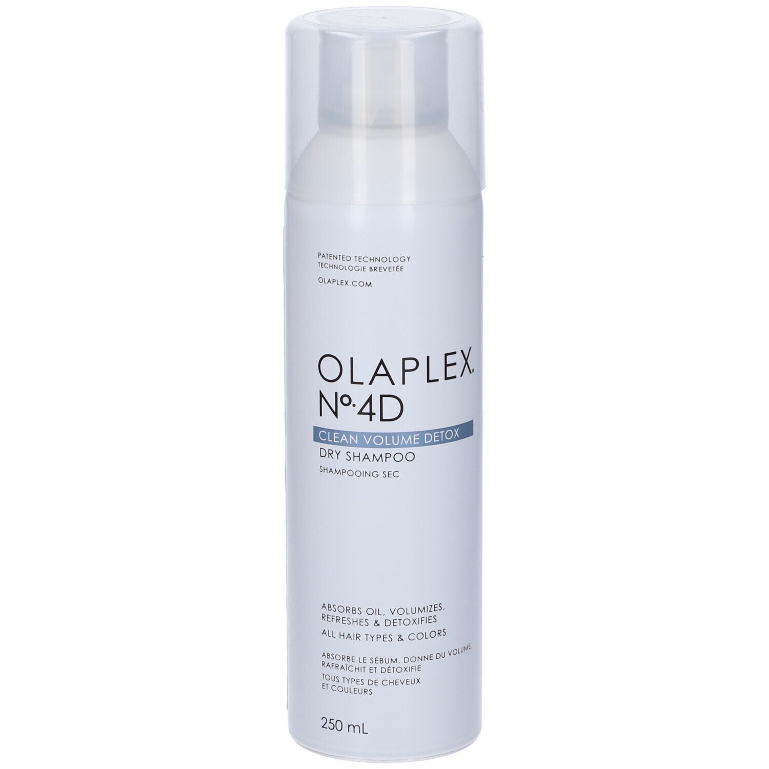 Flacone spray bianco con tappo trasparente. Scritta: OLAPLEX Nº4D CLEAN VOLUME DETOX Dry Shampoo. 250 ml.