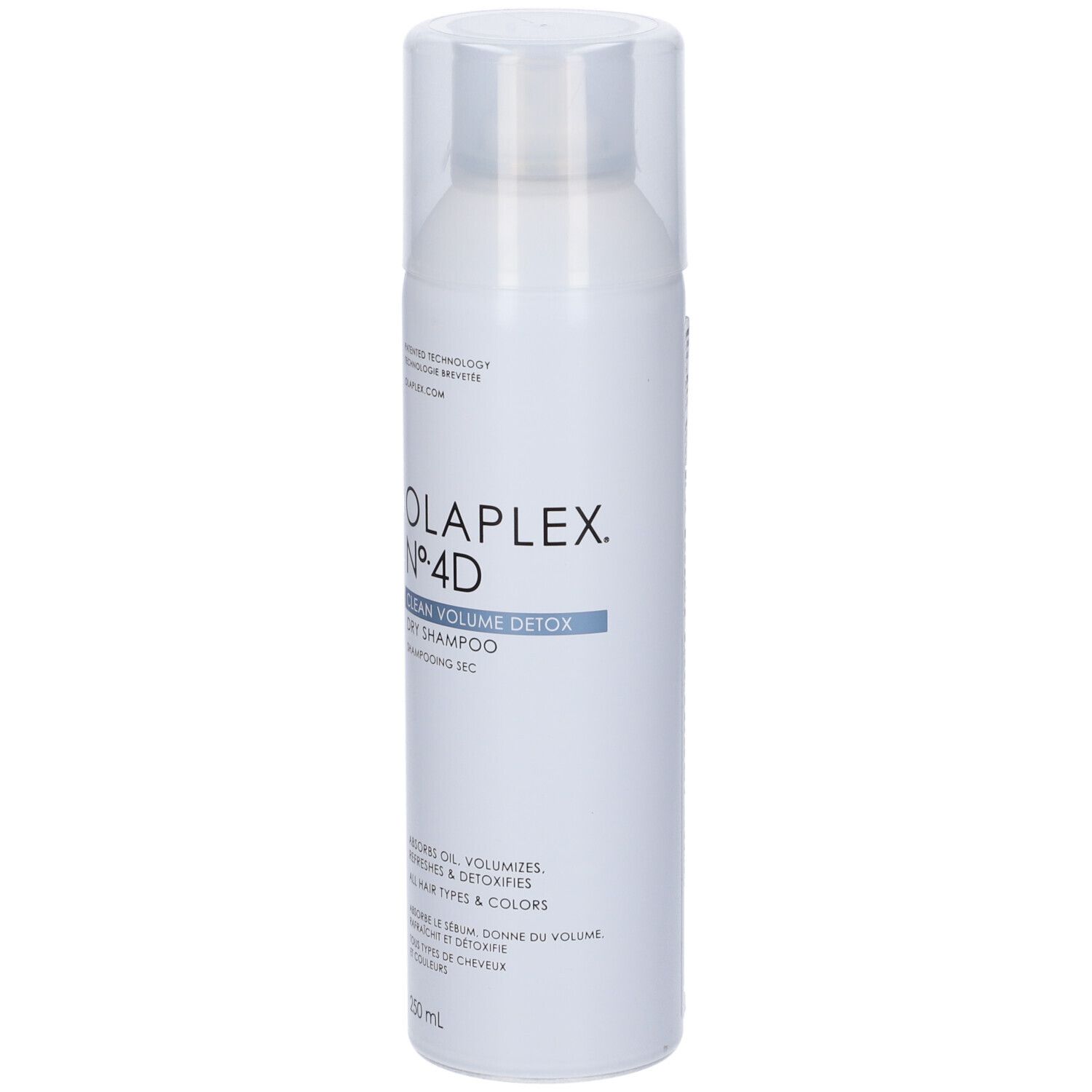 Flacone spray bianco con tappo trasparente. Scritta: OLAPLEX Nº4D CLEAN VOLUME DETOX Dry Shampoo. 250 ml.