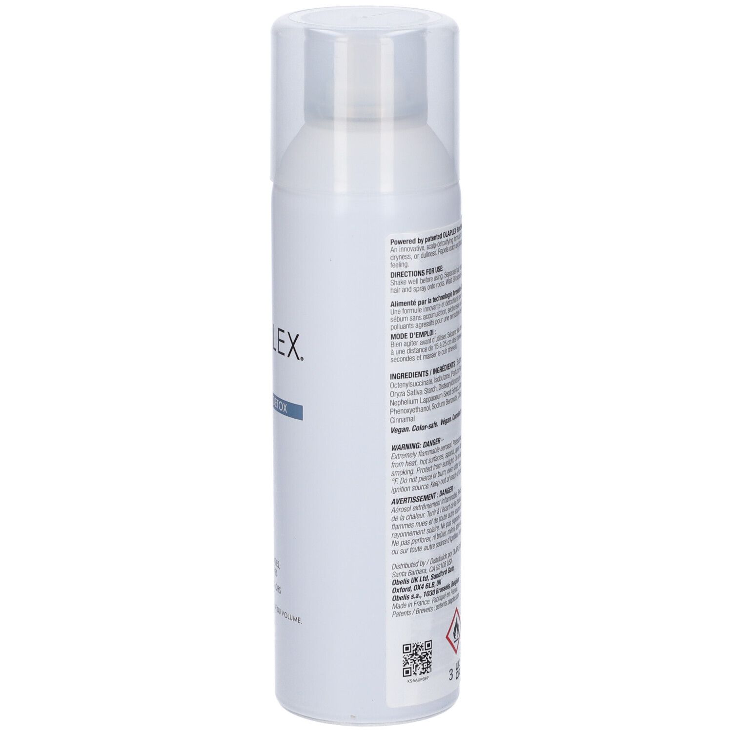 Flacone spray bianco con tappo trasparente. Testo sul retro. OLAPLEX Nº4D CLEAN VOLUME DETOX Dry Shampoo.